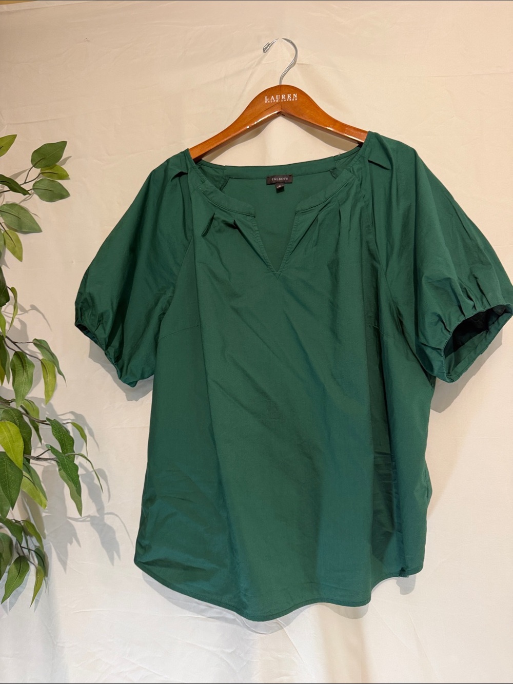Talbots Emerald Green V-Neck Puff Sleeve Blouse